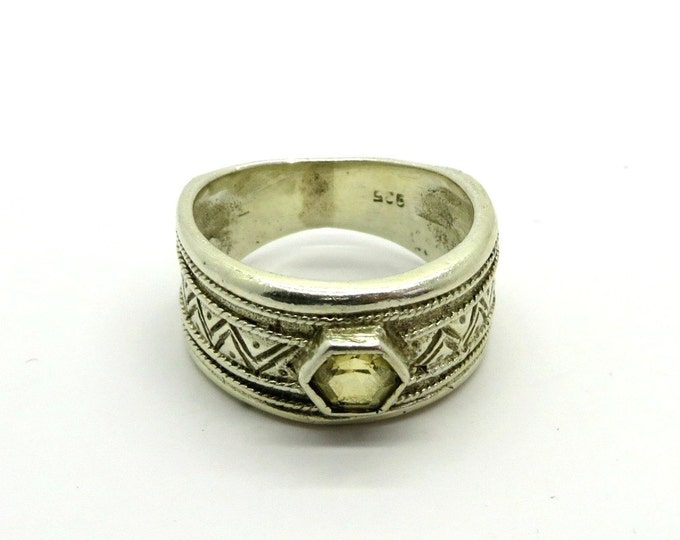 Sterling 925 Etched Ring | Citrine Glass Wide Band Ring | Size 5.5