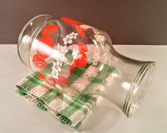 Vintage Juice Carafe Pitcher. One and Half Quart Clear Glass with Oranges & White Flowers. Country, Farmhouse, Shabby Chic, Retro Kitchen.
