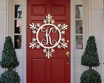 Snowflake Monogram- Holiday Wooden Monogram Letters - Interlocking Script, Door Hanger Wreath- Christmas, winter holiday decoration