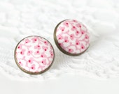 Stud Earrings - Porcelain Earring Studs - Pink and White Flowers Fabric Button Jewelry - Porcelain Earring Posts Stud Earrings - Porcelain Earring Studs - Pink and White Flowers Fabric Button Jewelry - Porcelain Earring Posts