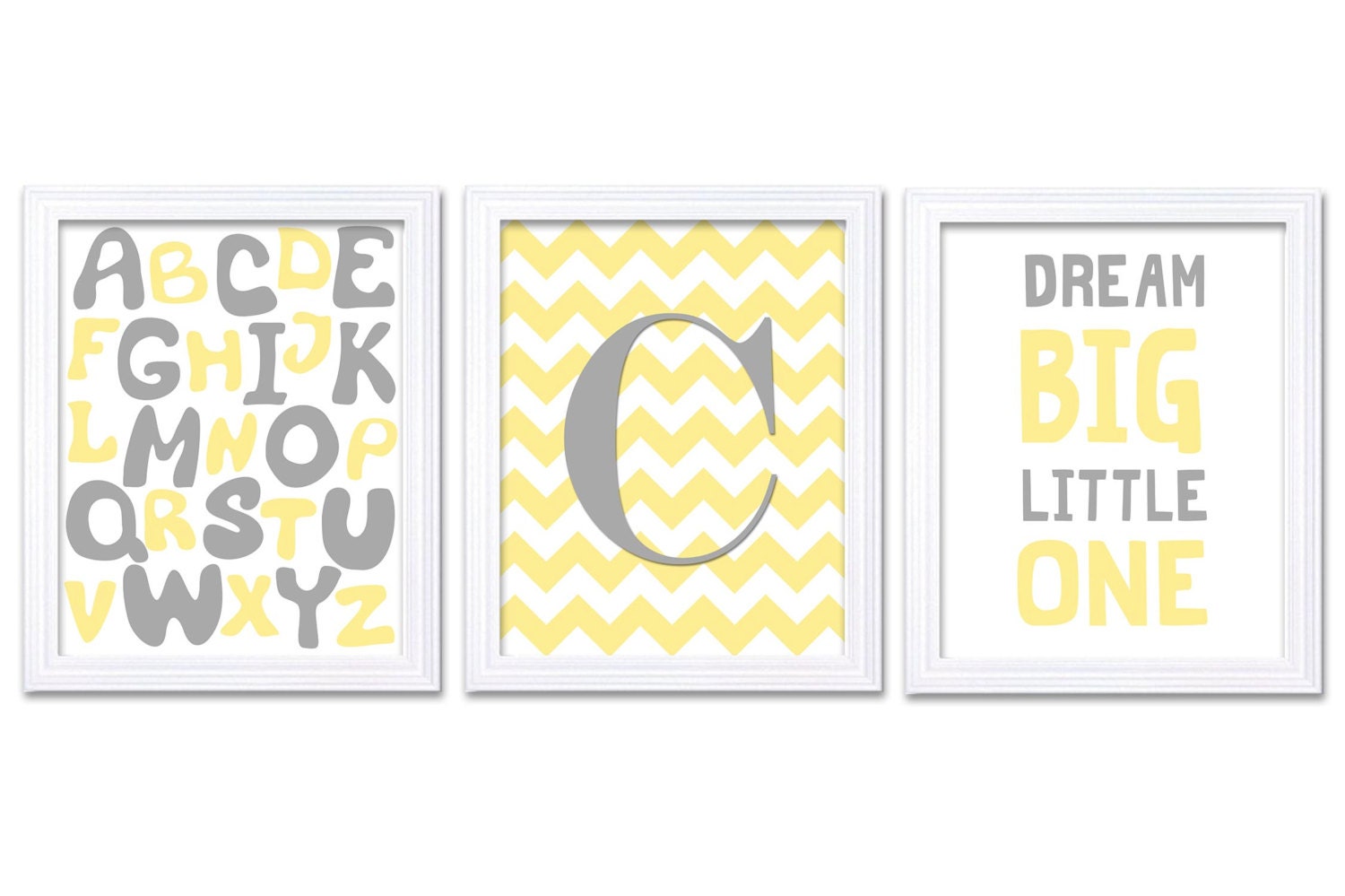 Yellow Grey Nursery Art Print Set of 3 Dream Big Little One Alphabet Custom Letter Monogram Nursery 