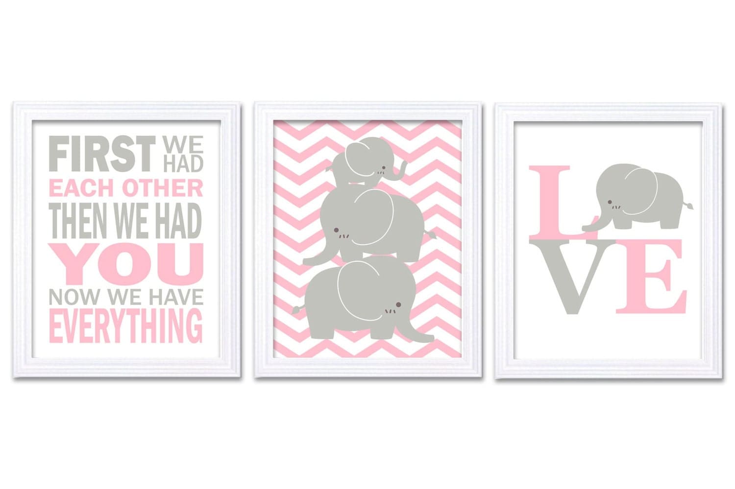 Elephant Nursery Wall Decor LOVE Set of 3 Prints Pink Grey Nursery Art Chevron First We Had Each Oth