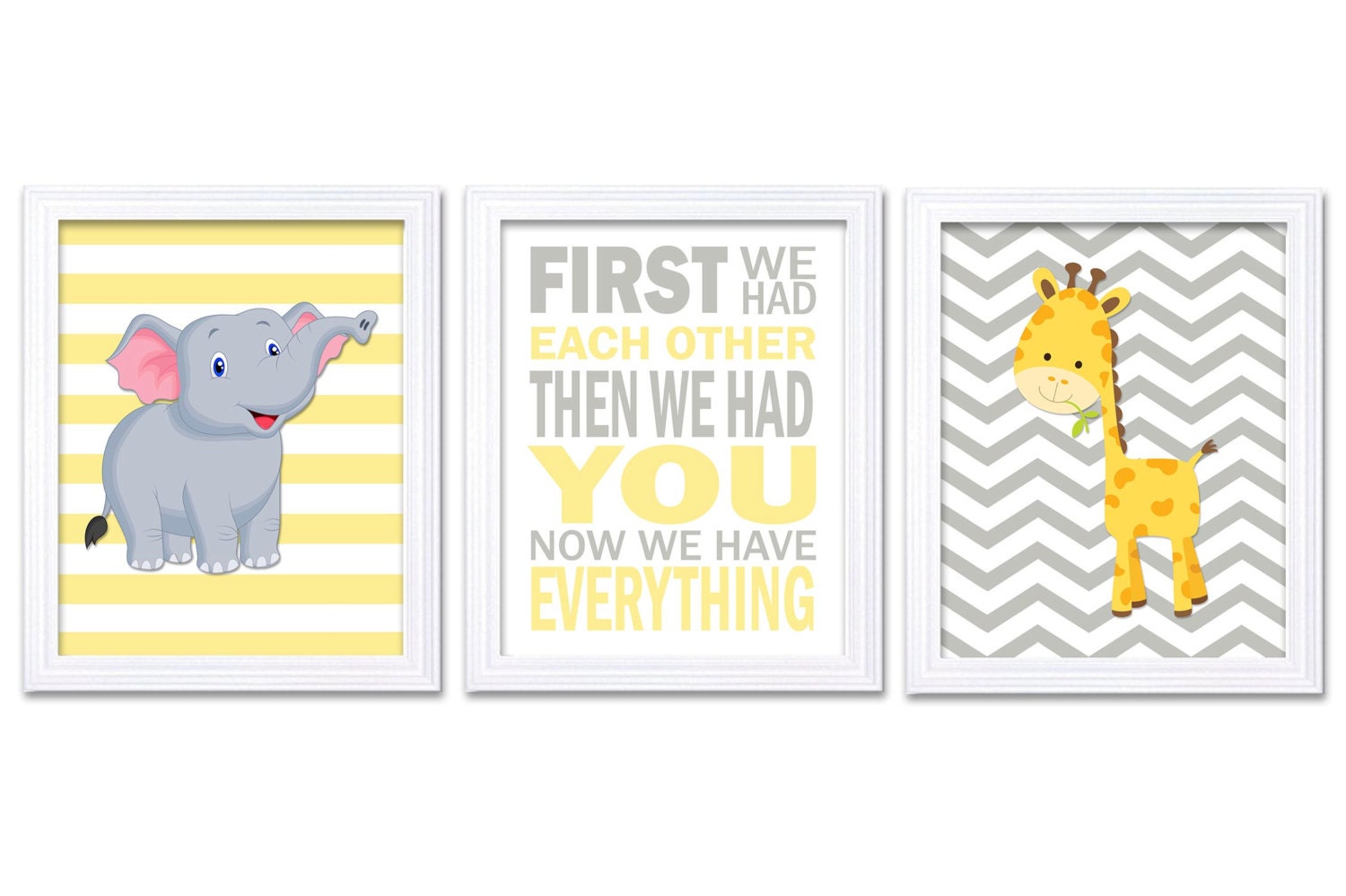 Giraffe Elephant Nursery Wall Decor Set of 3 Prints Yellow Grey Nursery Art Chevron First We Had Eac