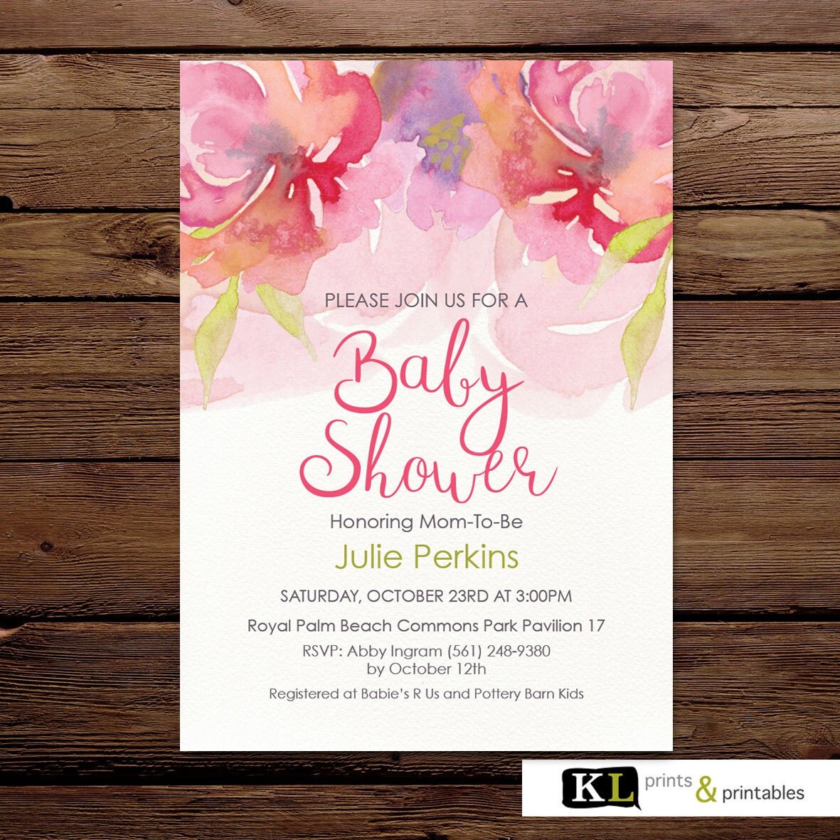 Printable Baby Shower Invitation watercolor flowers