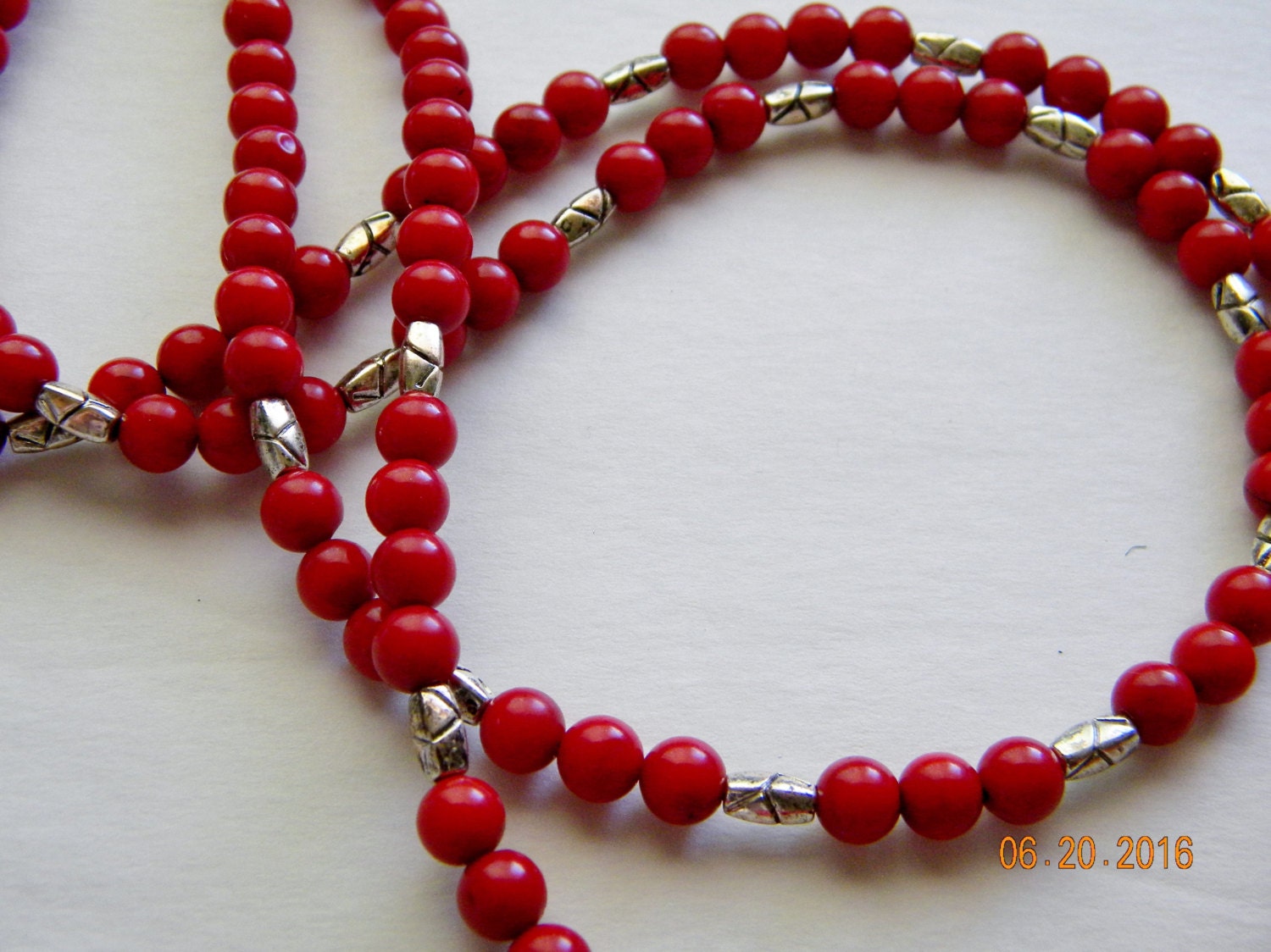 Red necklace.Red coral beads necklace.Multi strand