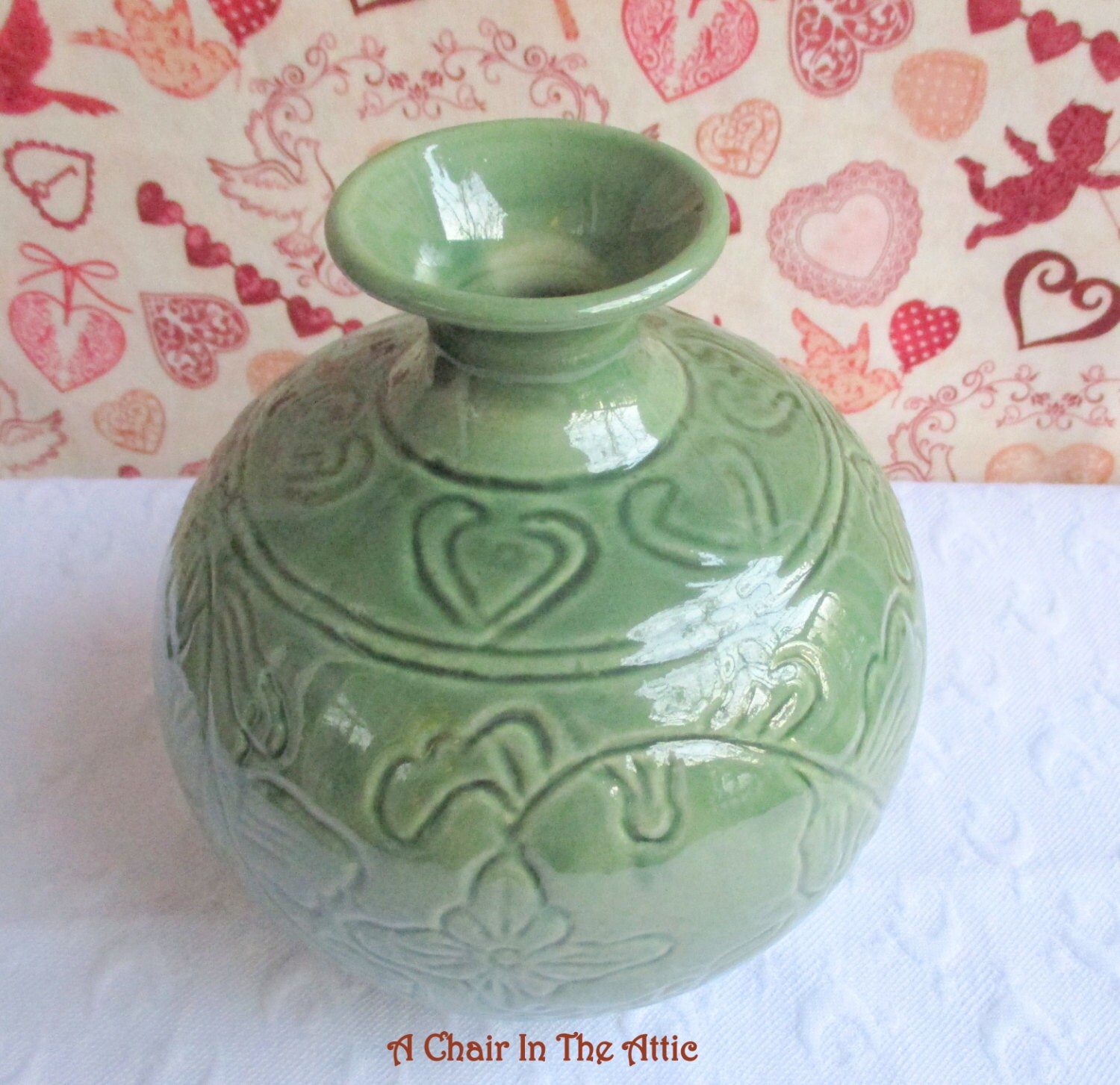 Sage Green Botanical Round Vintage Vase with by AChairInTheAttic