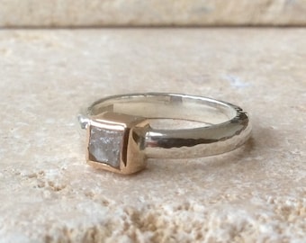 Rough Diamond Silver and Gold Ring, Raw Cube Diamond Ring, Engagement Ring, Rough Diamond Ring
