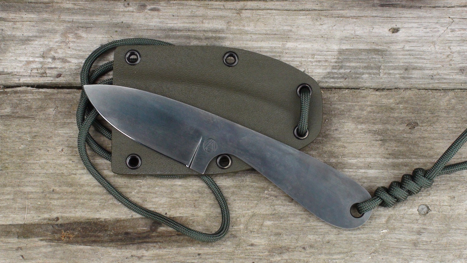 Custom made tactical neck knife with green kydex sheath