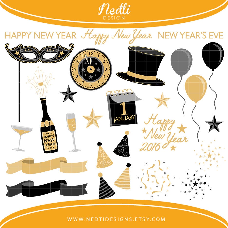 36 New Year's Eve Clipart Black and Gold Happy New Year