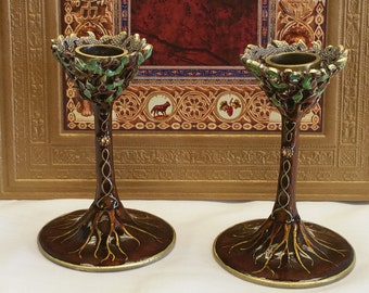 Tree of Life Candlesticks in brown earth tones. Shabbat Candle holders, Shabbos Candlsticks