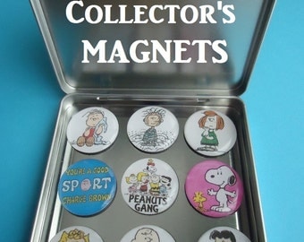 Peanuts (9) 1" Frig Magnets Charlie Brown Magnets Charlie Brown Gang Frig Magnets Awesome Collector Gift Magnetic Tin Snoopy Red Baron