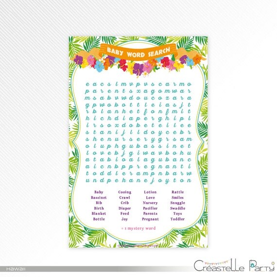 Hawaiian Luau Word Search Game Tropical Baby Shower