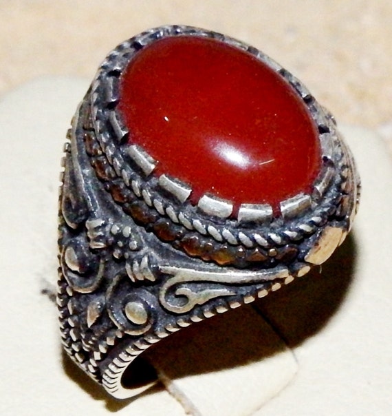 yemen style 925 sterling silver mens ring natural red agate