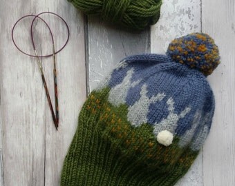 Knitted hat - Bobble Hat - Hand knitted - Bunny Hat - Rabbits - Pom Pom tails - Adult size - 100% Wool