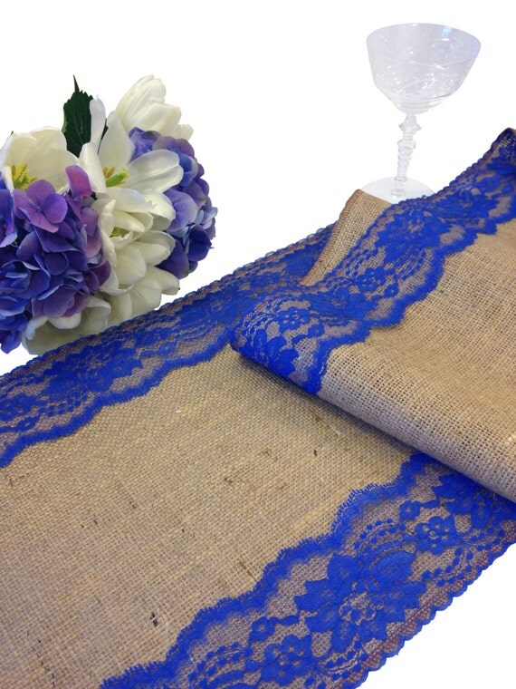 Burlap and ROYAL BLUE Lace Table Runner Rustic Wedding Table
