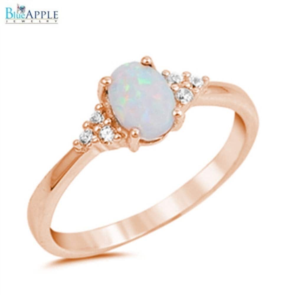Oval Cut White Opal Ring Pink Rose Gold Solid by BlueAppleJewelry