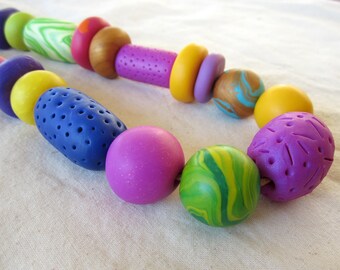Polymer clay necklace, Bright Tropical pendant necklace, Statement bead, Chunky necklace, Pink, Green, Navy, Yellow, Green, Gift for her