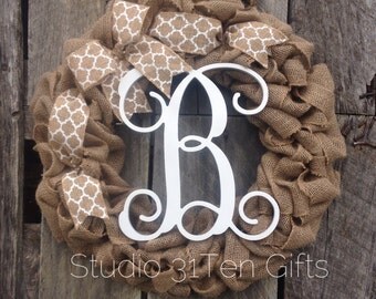 burlap monogram wreath, burlap wreath, personalized christmas gift, vine font letter door hanger