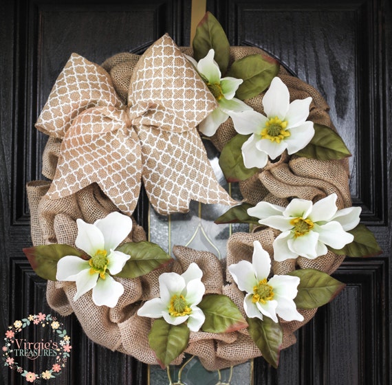 Magnolia Burlap Wreath-Magnolia Wreath-Wedding by VirgiesTreasures