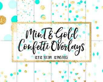 Mint & Gold Confetti Overlays - gold foil confetti clip art, polka dot, star, hearts, triangles confetti glitter metallic clipart overlays