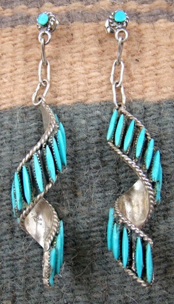 Zuni Turquoise Needlepoint Spiral Earrings by B. Peina-Item