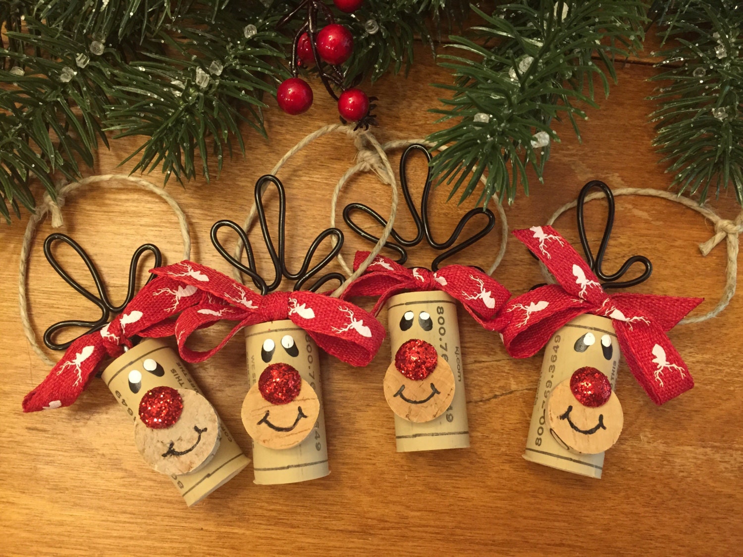 Set of 4 Wine Cork Reindeer Ornaments Rudolph by ReconditionaILove