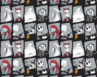The Nightmare Before Christmas, Jack and Sally Stone Character Blocks cotton fabric by Camelot Fabrics