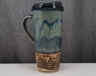 Made to Order* Pottery Travel mug / Commuter mug with silicone lid - Coral Blue/ Cityscape