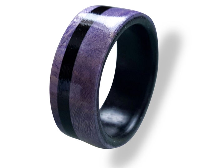 Wooden ring for men made from blue box elder burl, inlaid with ebony wood