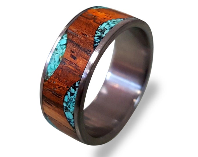 Titanium Ring with Cocobolo Wood and Turquoise Inlays
