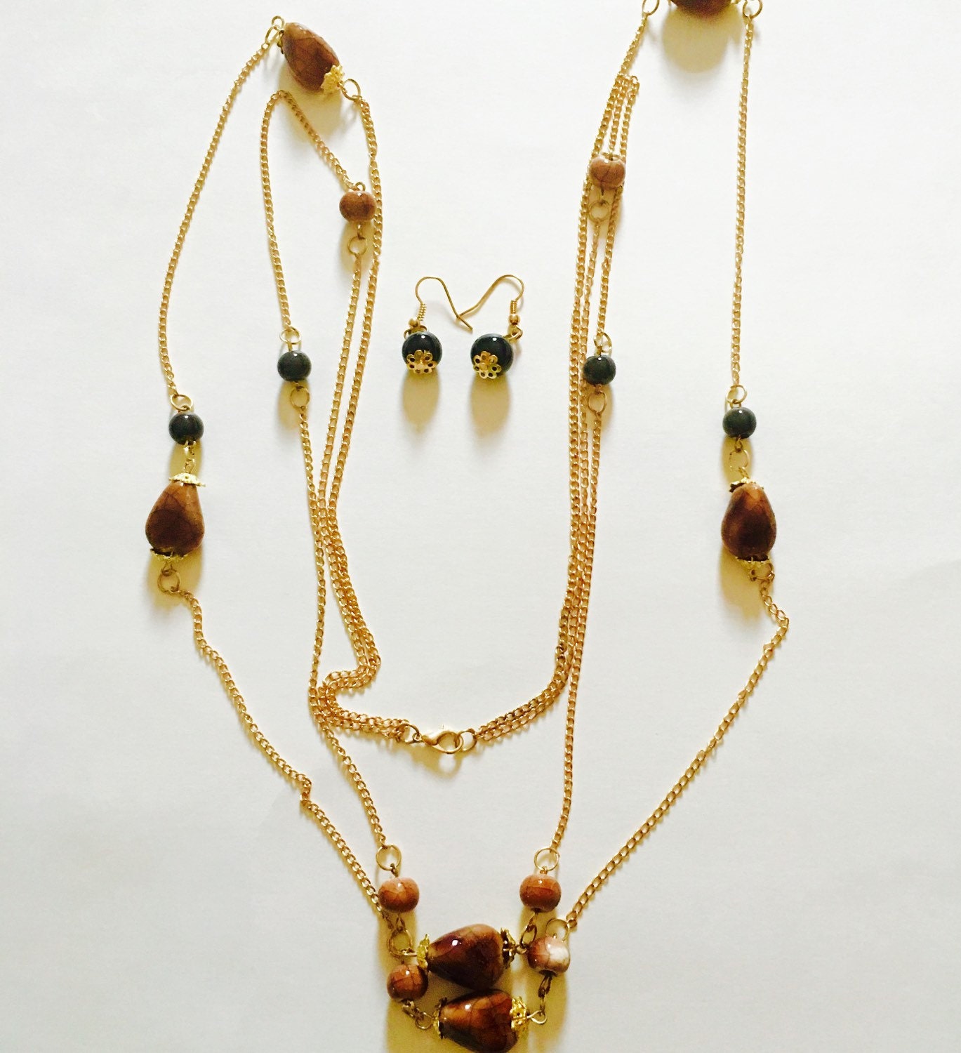 Chain beads necklace and earrings jewelry set