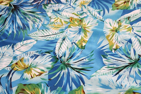 Caribbean Blue Tropical Print Rayon Fabric Destash F148