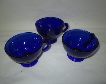 Vintage Blue Moondrop Coffee Tea Cups Set of 3 Mint Condition Cobalt blue glass