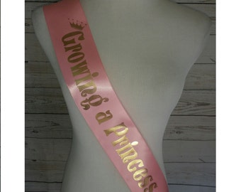 Growing a Princess Sash, Posh Pink Baby Shower Sash for mommy to be to wear at Baby Shower or Baby Sprinkle, with a Rhinestone Pin Storybook