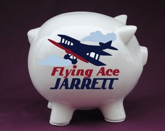 Vintage Plane Personalized Piggy Bank with Vinyl Decal. Piggy banks for boys, custom piggy bank, baby boy gifts, birth stats gifts, baby boy
