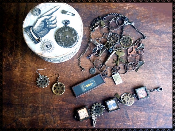 Handmade OOAK steampunk Tesla necklace, bracelet and earrings in a box by AnnasHaberdashery steampunk buy now online