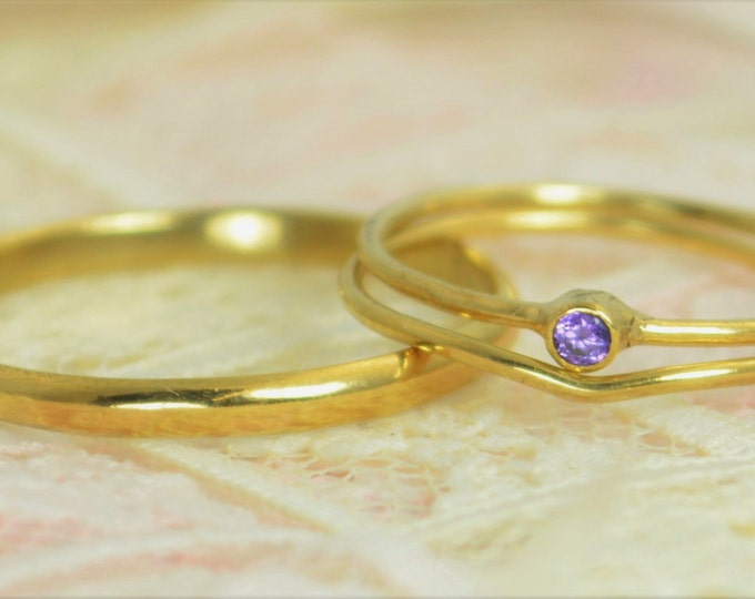 Tiny Amethyst Ring Set, Solid 14k Gold Wedding Set, Amethyst Stacking Ring, Solid 14k Gold Amethyst Ring, Bridal Set, February Birthstone