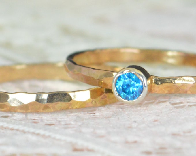 Blue Topaz Engagement Ring, 14k Rose Gold, Blue Topaz Wedding Ring Set, Rustic Wedding Ring Set, December Birthstone, Solid 14k Ring