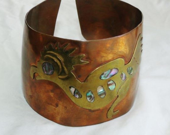 Storewide 25% Off SALE Vintage Abalone Hecho Mexican JUMBO Designer Cuff Bangle Bracelet Featuring Unique Roadrunner Inlaid Design On Copper