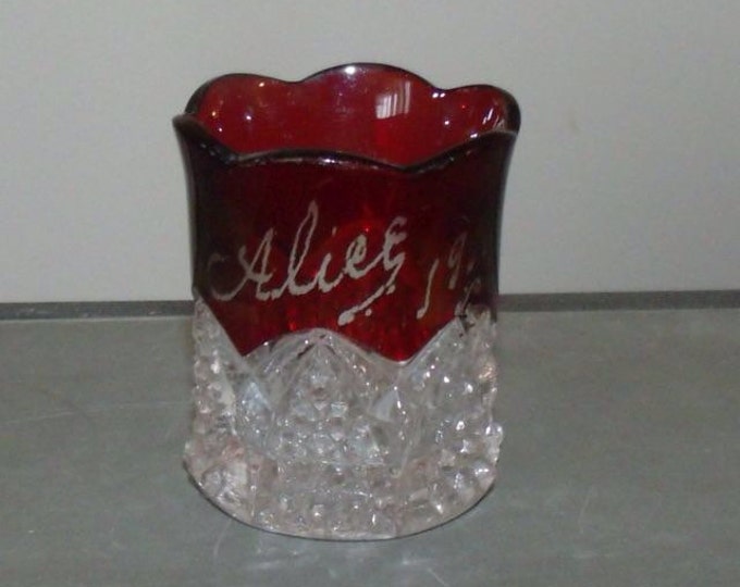 Storewide 25% Off SALE Antique 1916 Heisey Ruby Red Crystal Etched Glass Toothpick Holder Featuring Hand Painted Alice Monograming Design