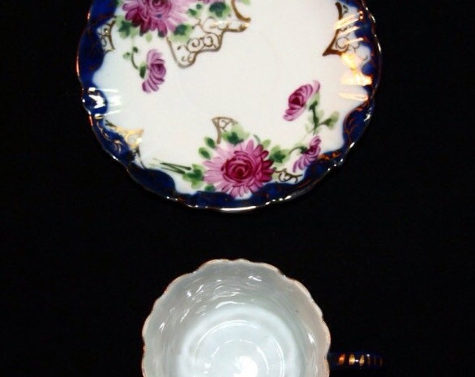Storewide 25% Off SALE Vintage Royal Blue And Pink Floral Designed Fine Porcelain Teacup & Matching Saucer Featuring Hand Painted Floral Des