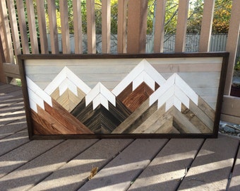 Reclaimed Wood Wall Art Mountain Scene, Mantel Art, Cabin Decor, Rustic Style, Cozy, Over Sized Wooden Mural, Natural Wood Stained