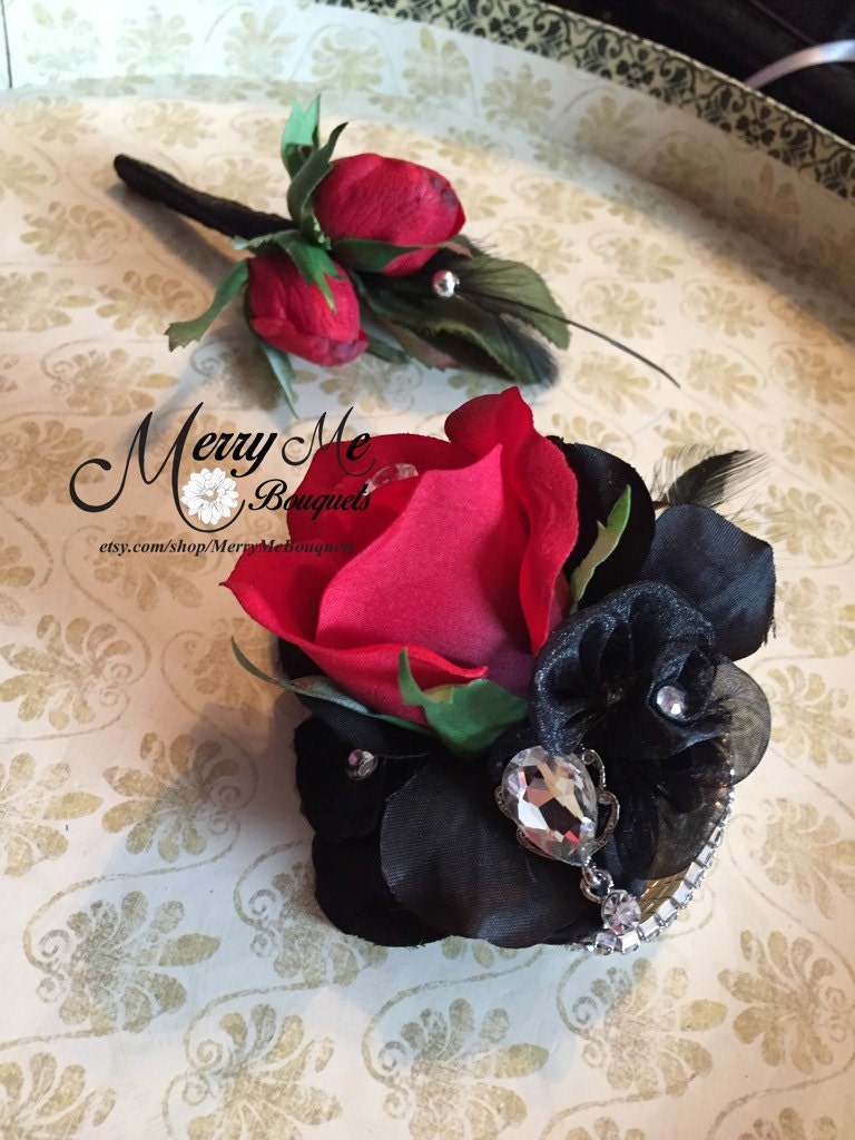 Black and Red Corsage Set Black and Red Boutonniere Set