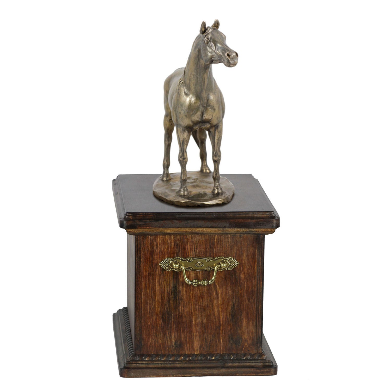Urn for horse ashes with a standing statue Arabian horse