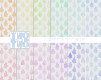 Watercolor Digital Paper: "WATERCOLOR DROPS" Raindrop Pattern in Shades of Yellow, Orange, Blue, Pink, Purple, and Green, Spring Background