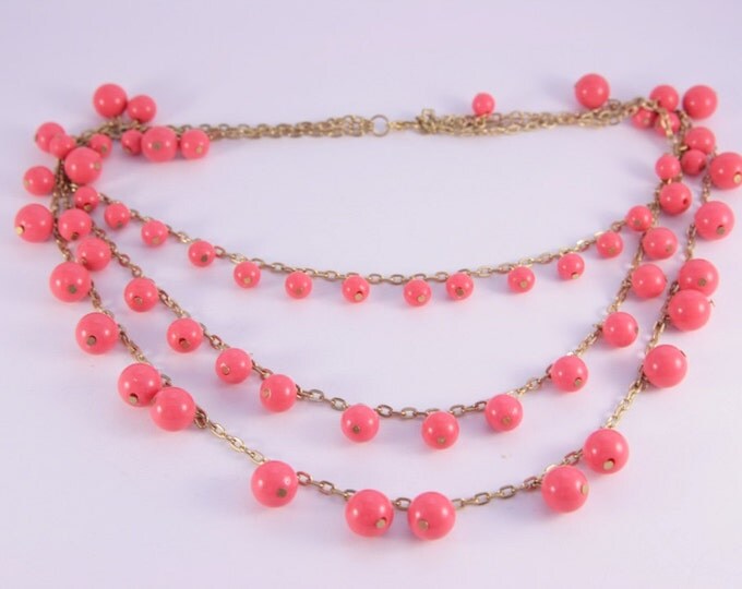 Multi Strand Pink Necklace Golden Chain Coral Pink Beads Vintage Necklace