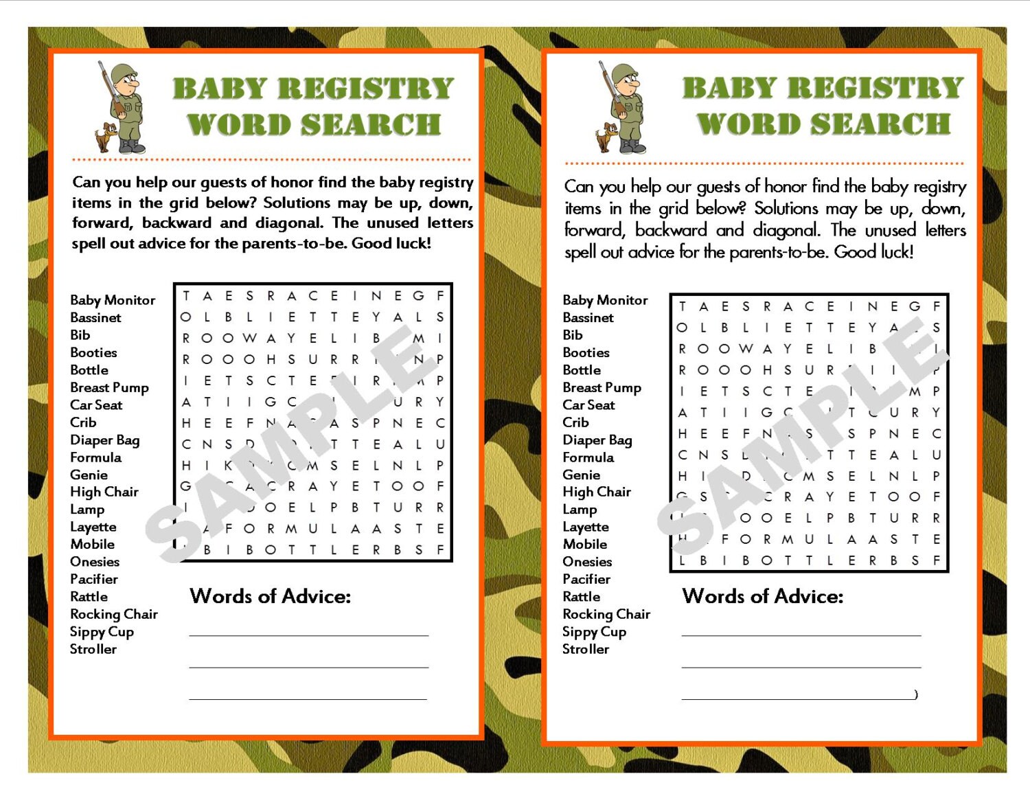 reminder cards baby shower Printable by Baby Word Camouflage PrintasticPartyGames Registry