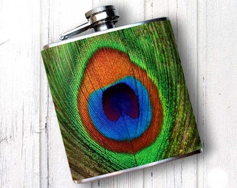 Whiskey Flask, Unique Flask, PEACOCK FEATHER hip Flask, Flask for Women,