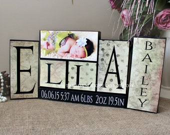 Baby Name Wooden Blocks, Baby Name Sign, Unique New Baby Shower Gift, Nursery Name Decor, 4 Letters First Name Middle Name and Photo Sign
