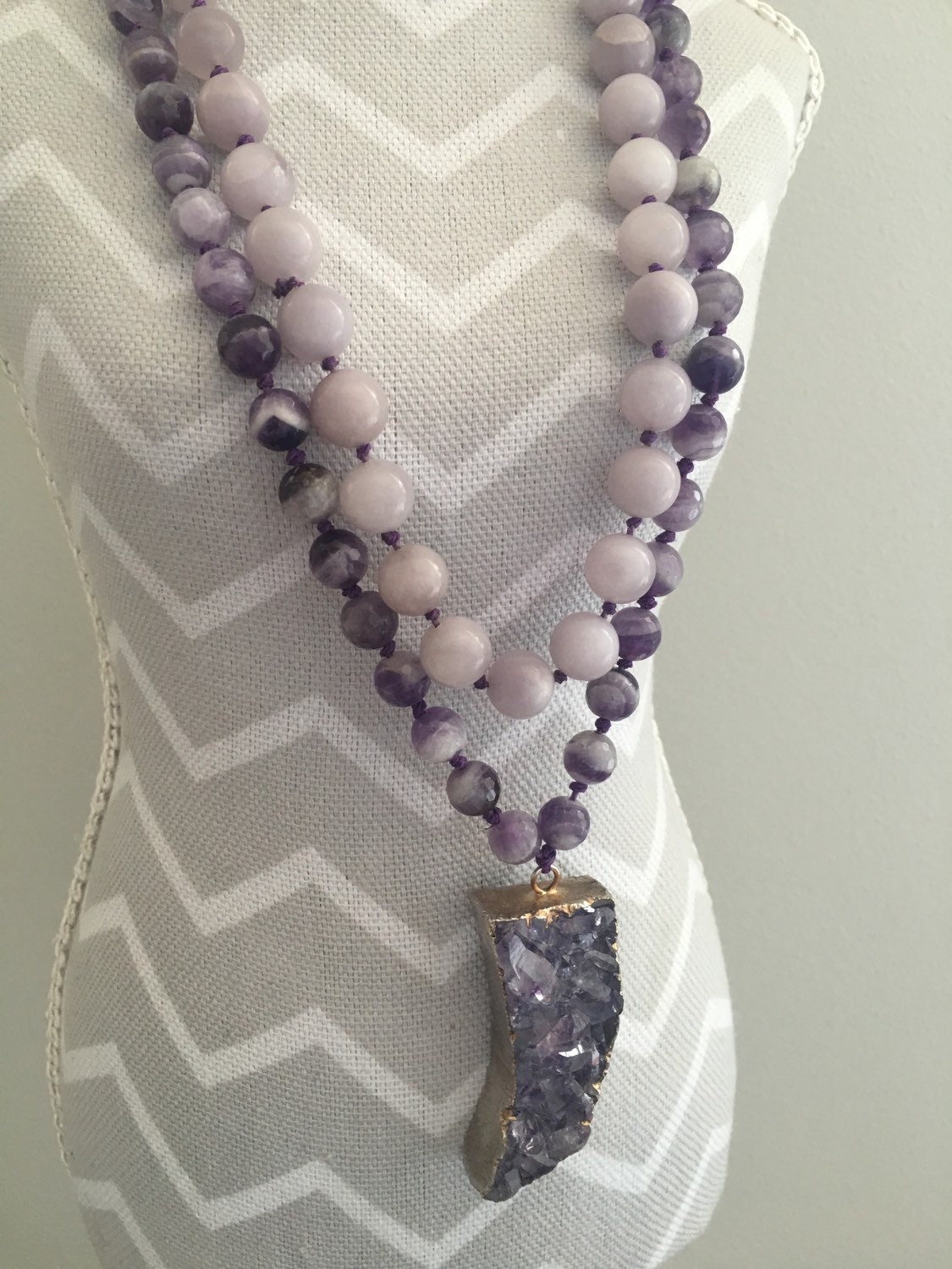 Long Purple Necklace Hand Knotted Beaded Necklace